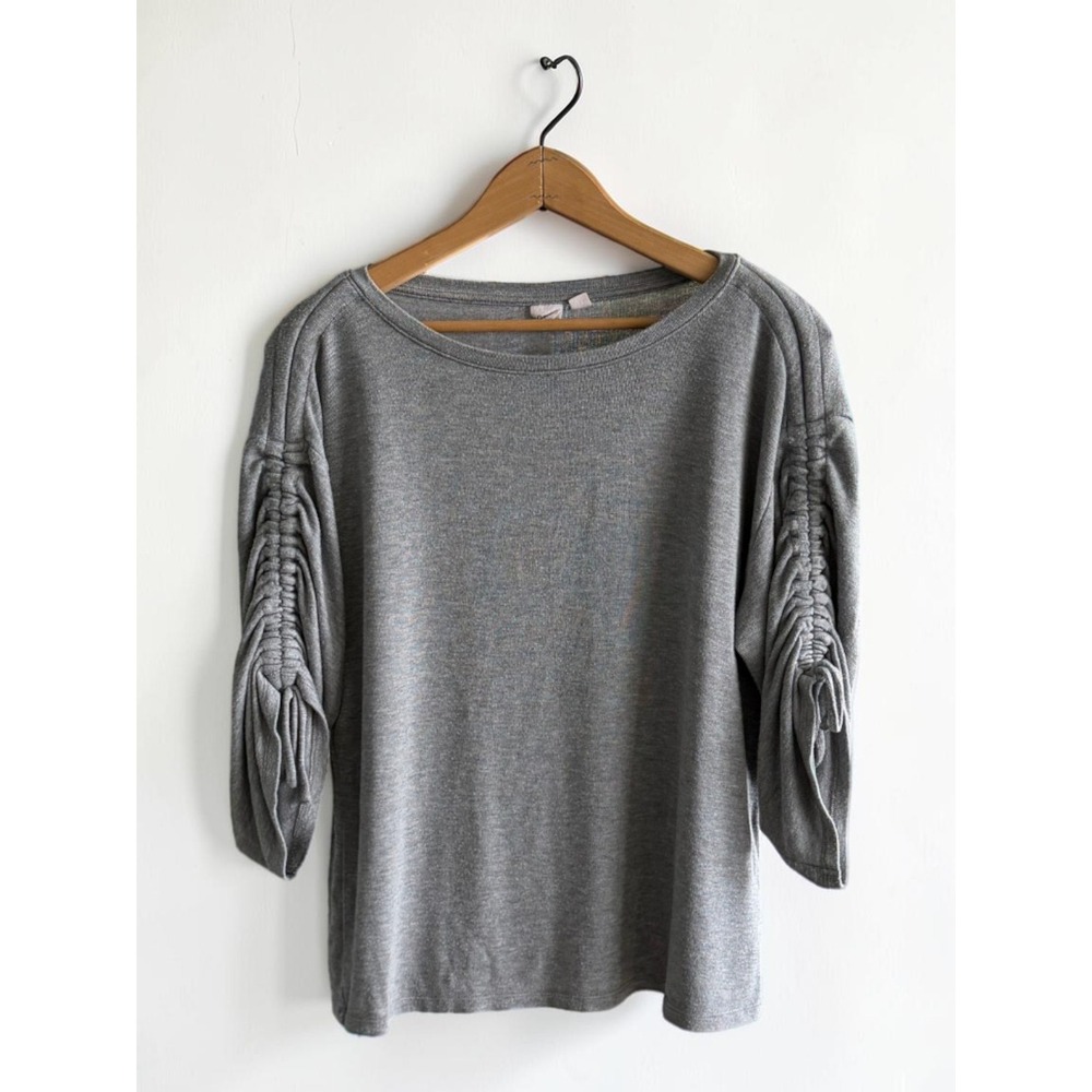 GAP Womens Gray‎ Ruched 3/4 Sleeve Knit Top Small Heathered Crew Neck Casual
